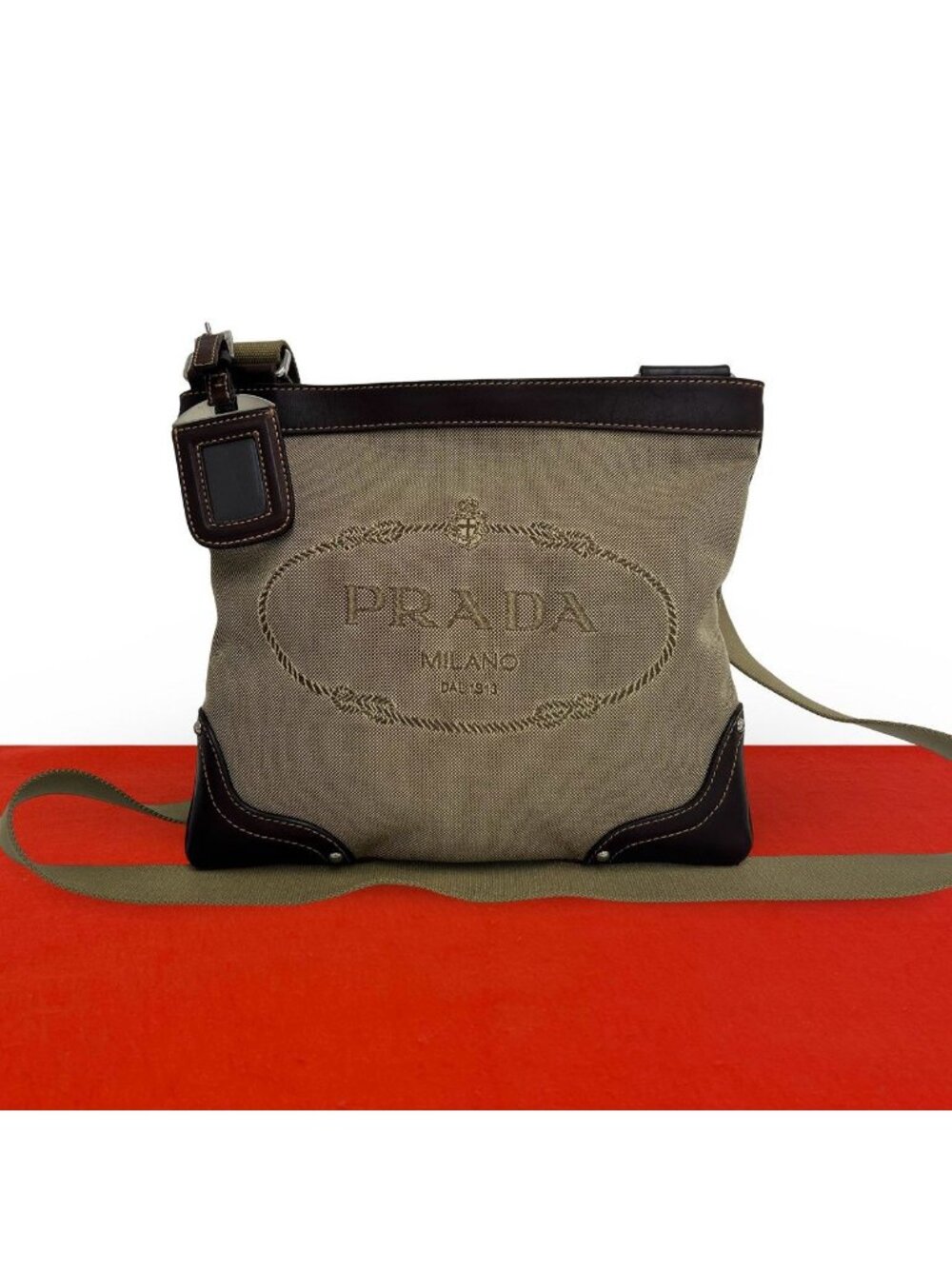 Prada Logo Jacquard Canvas Leather Shoulder Bag Crossbody Cross Brown